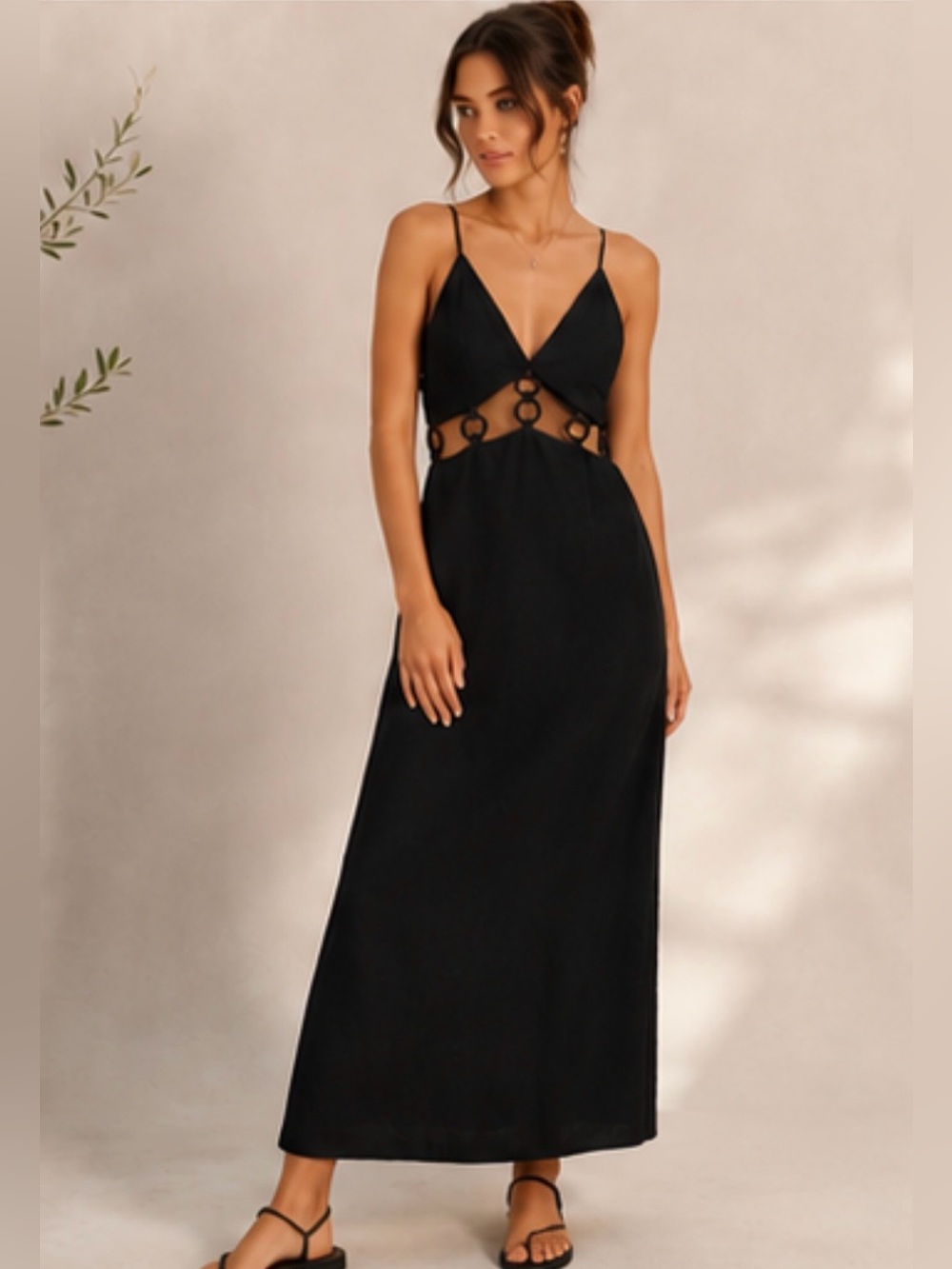 Linen Black Strappy Cutout Maxi Dress